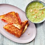 grilled heirloom tomato and cheese sandwiches with green heirloom tomato gazpacho