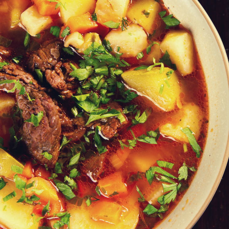 braised brisket and root vegetable soup